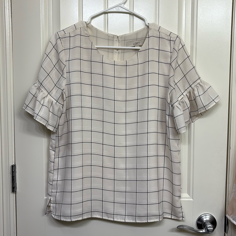 LOFT Cream Plaid Ruffle Sleeve Blouse